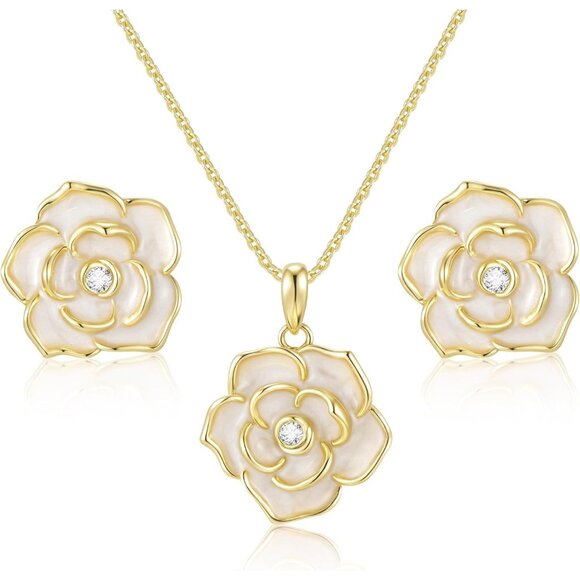 Jewelry - Gold Plated Rose Jewelry Set for Women Floral Necklace and Hoop Earrings